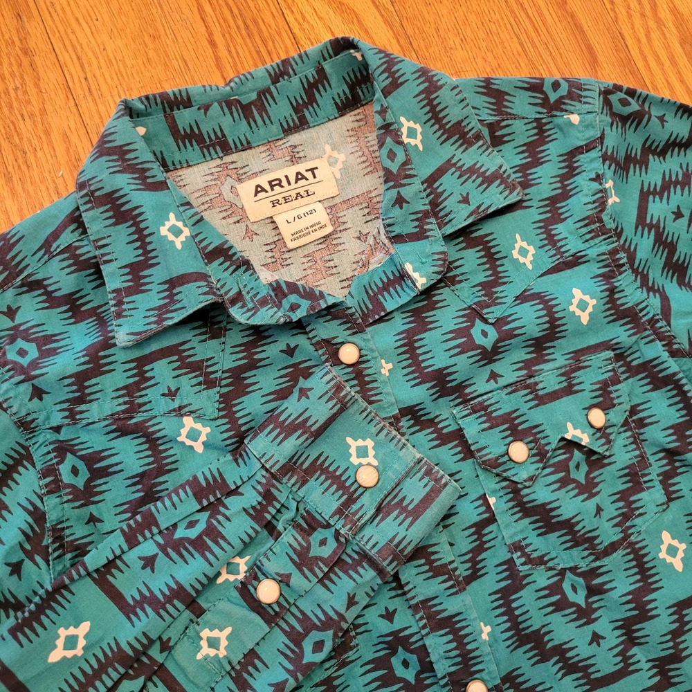 Ariat‎ Girls Real Mesa Snap LS Shirt Turquoise Southwestern L 12 Rodeo Cowgirl - Picture 10 of 11
